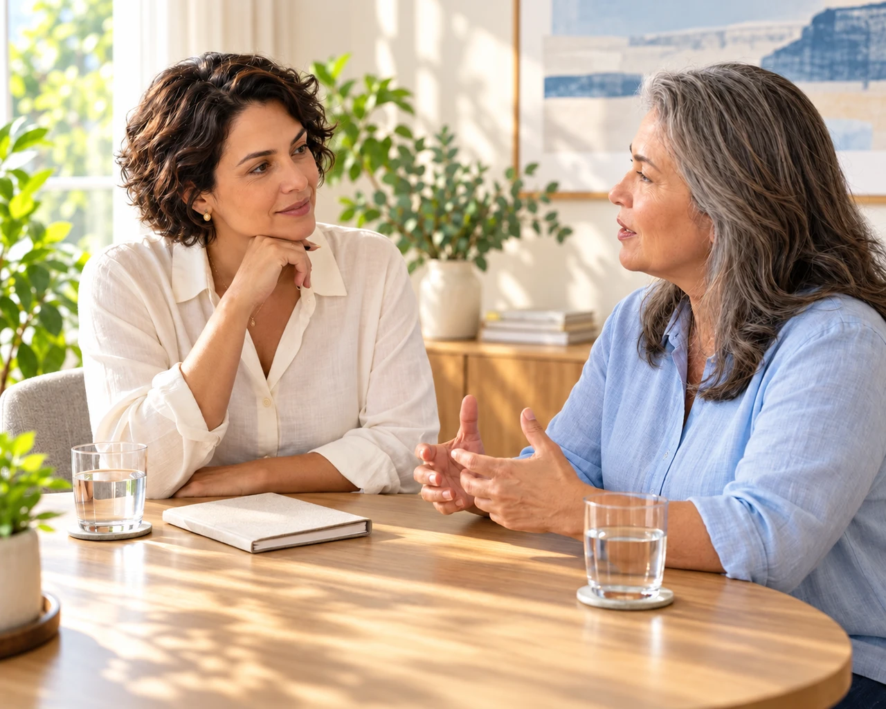 Cena ilustrativa de duas mulheres conversando com atenção em um ambiente claro